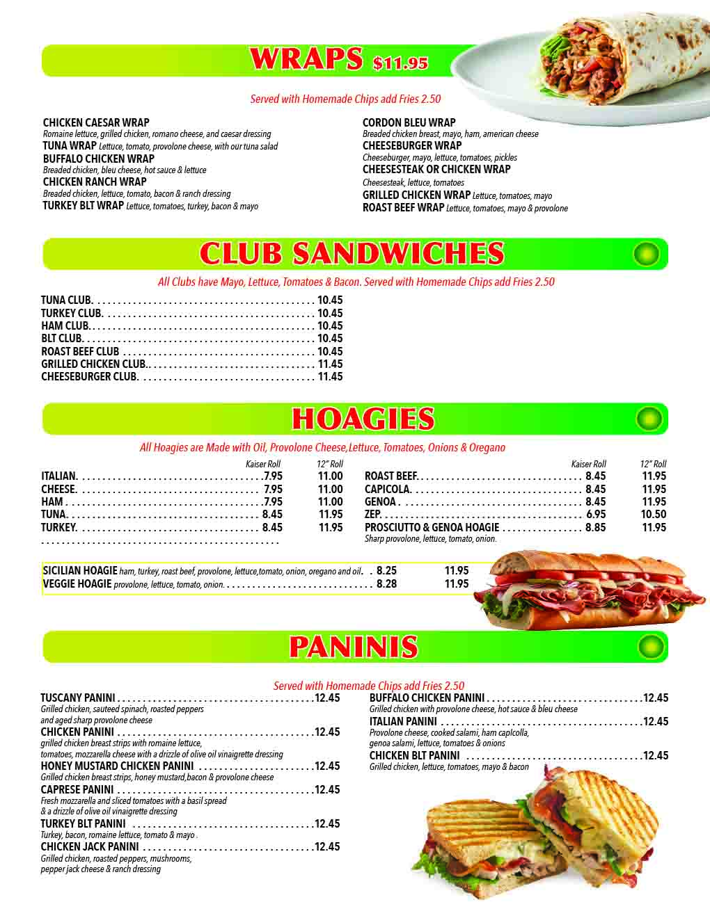 Wraps - Clubs - Hoagies - Paninis