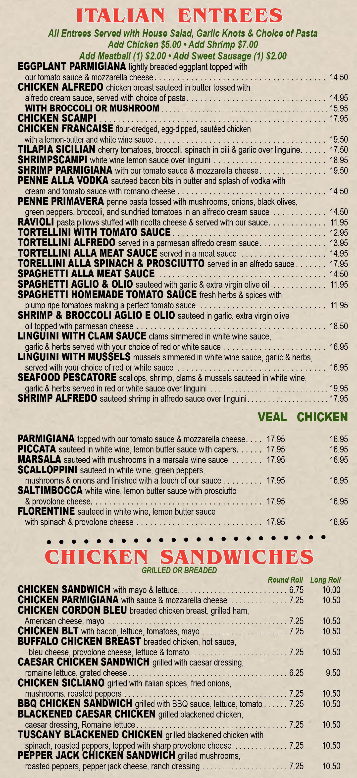 Italian Entrees & Chicken Sandwiches